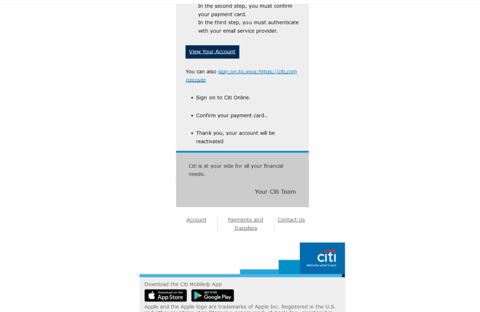 Citibank scam email screenshot 3. showcasing the valid citi logo.