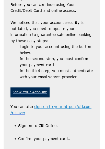 citbank scam email screenshot 2. showing a view your account button.