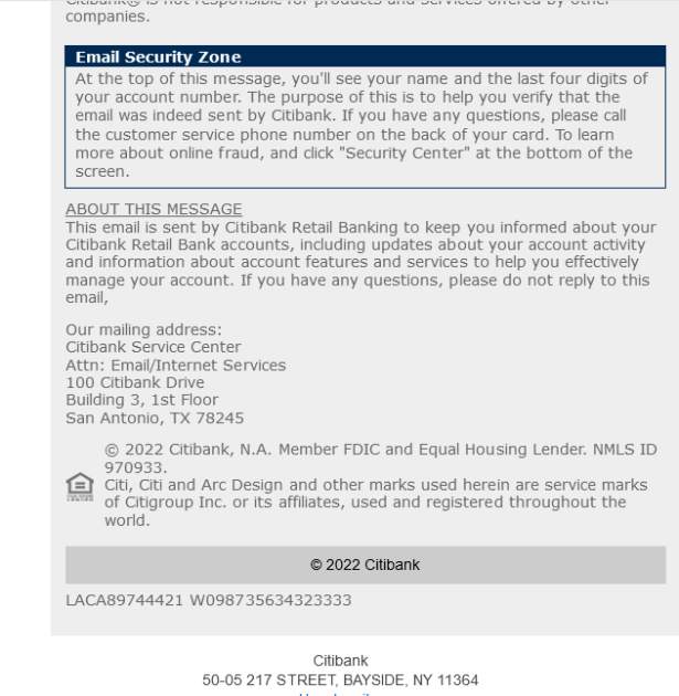 citibank scam email screenshot #4 showing more valid citi info.
