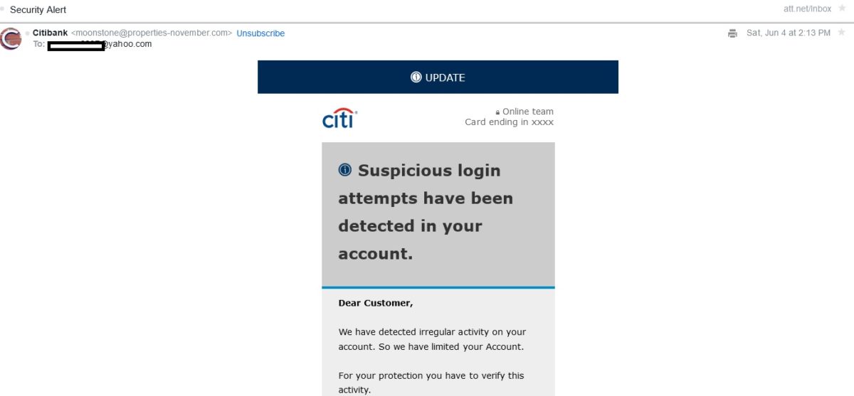 Citibank scam email stating there is suspicious login attemps.