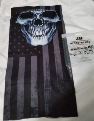 3D multi function scarf skull with flag design. back and white