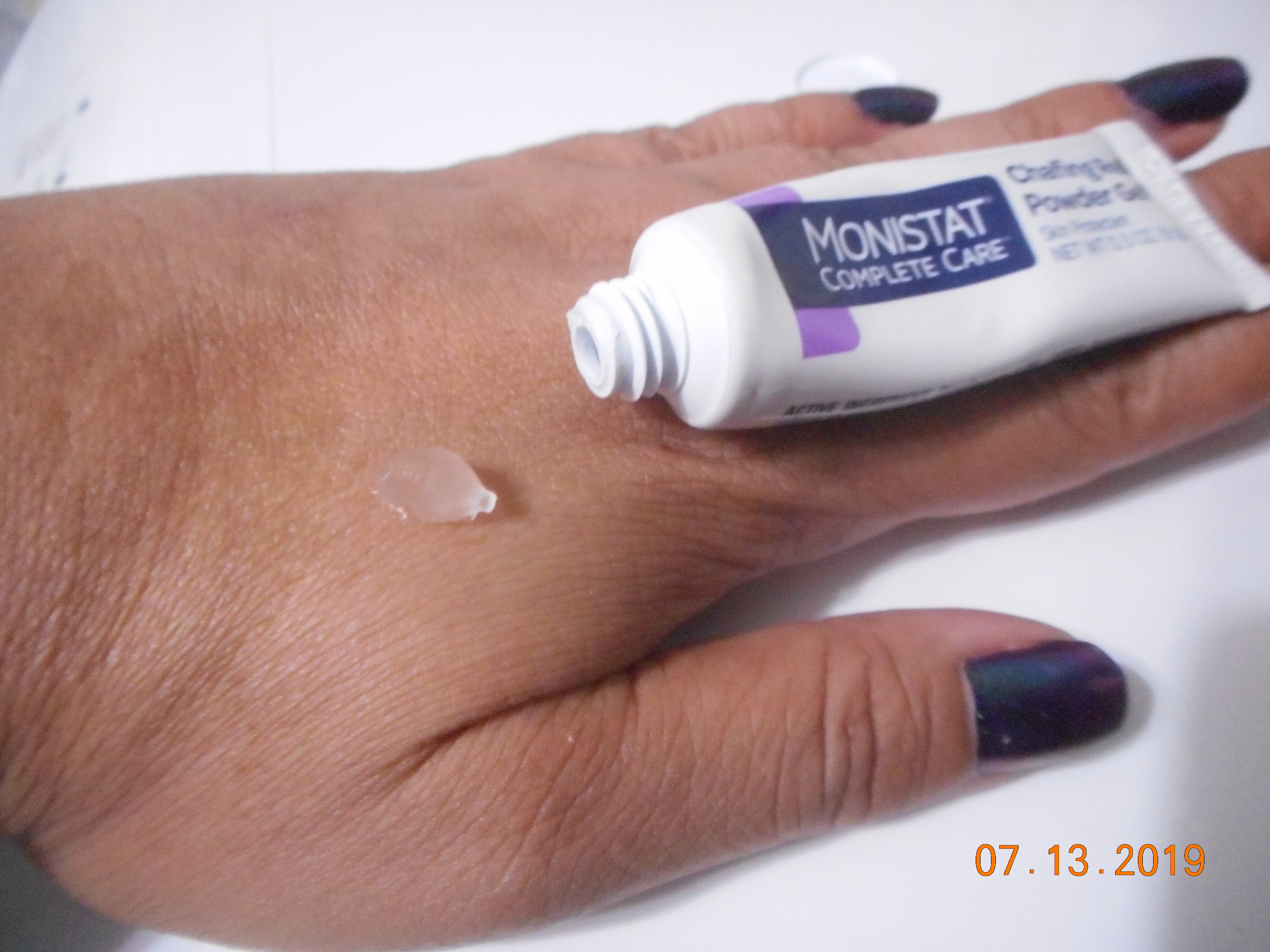 Monistat Chafing powder gel applied to my hand what gel looks like