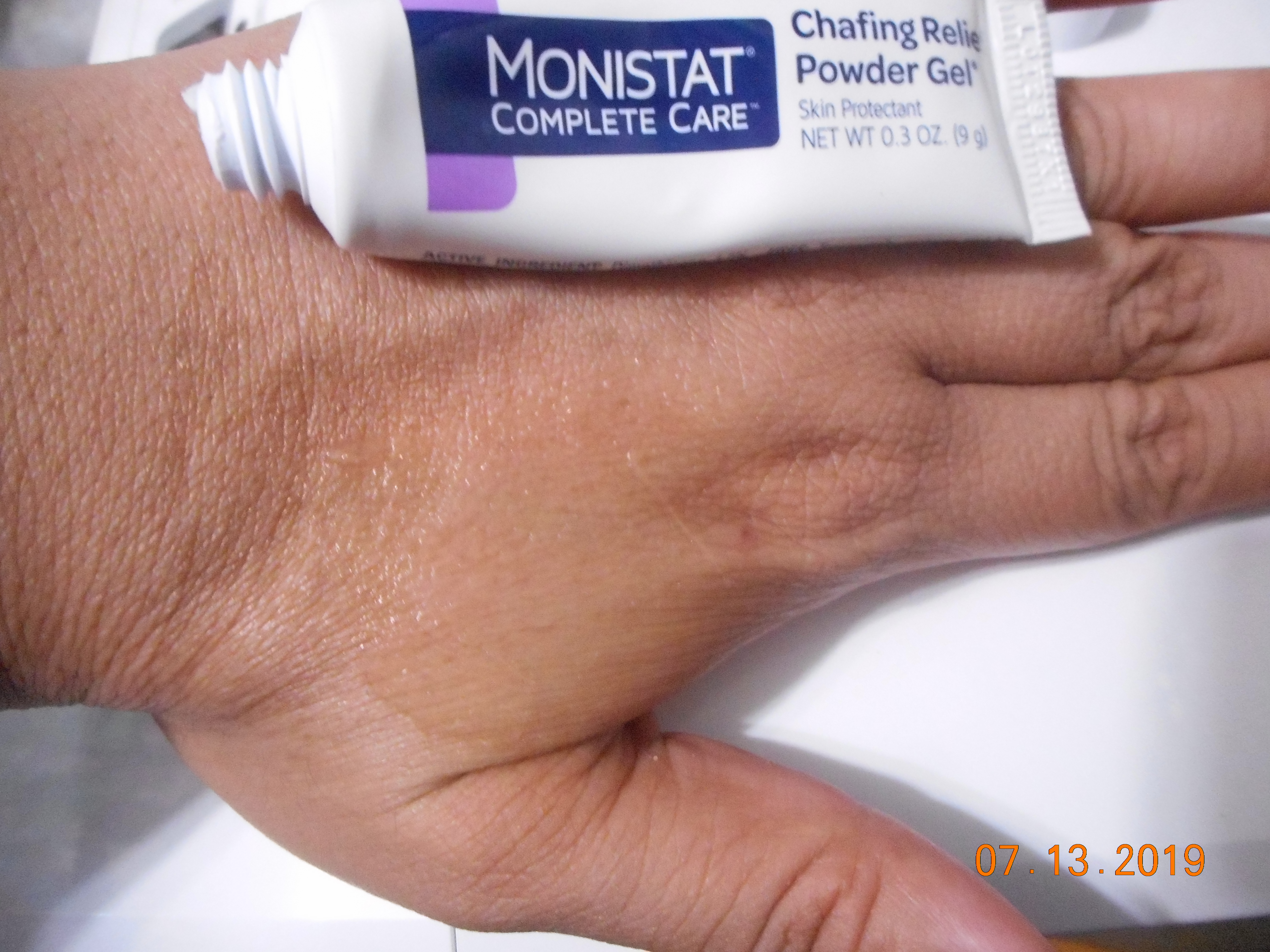 Monistat Chafing powder gel applied to my hand