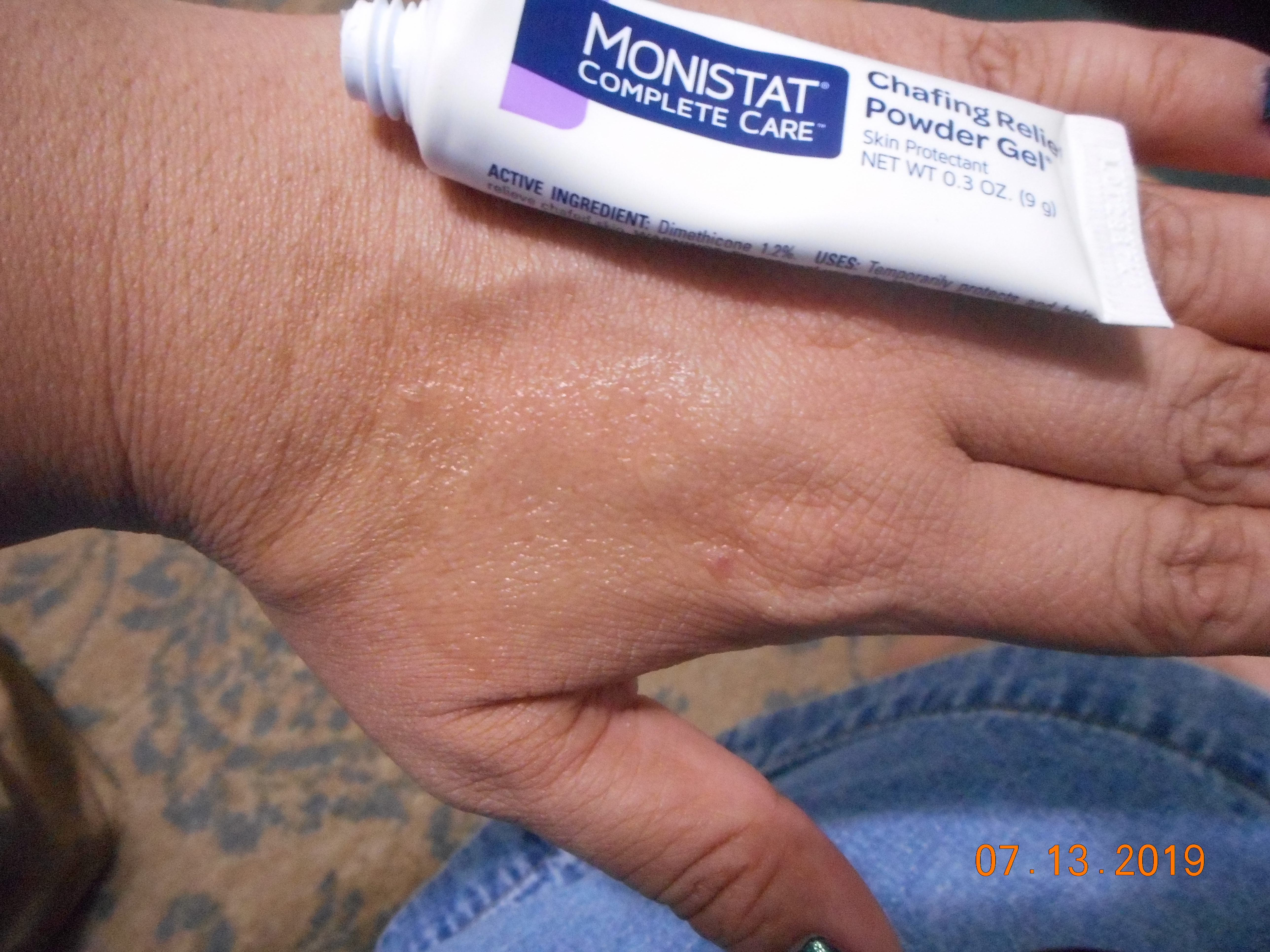 Monistat Chafing powder gel applied to my hand