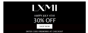 LXMI ad save 30 percent by using code FIREWORKS