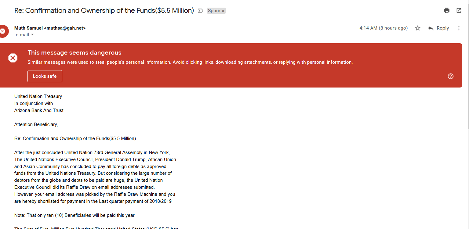 UN Treasury scam email 1st half