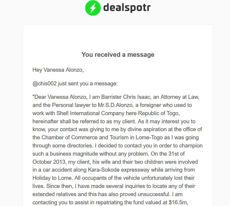 Dealspotri inheritance message scam