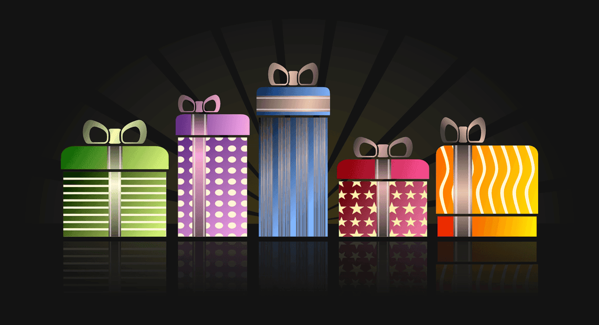 wrapped colorful gift boxes all lined up in a row 5 in total. image source Pixabay https://pixabay.com/vectors/presents-gifts-birthday-wrapped-153926/