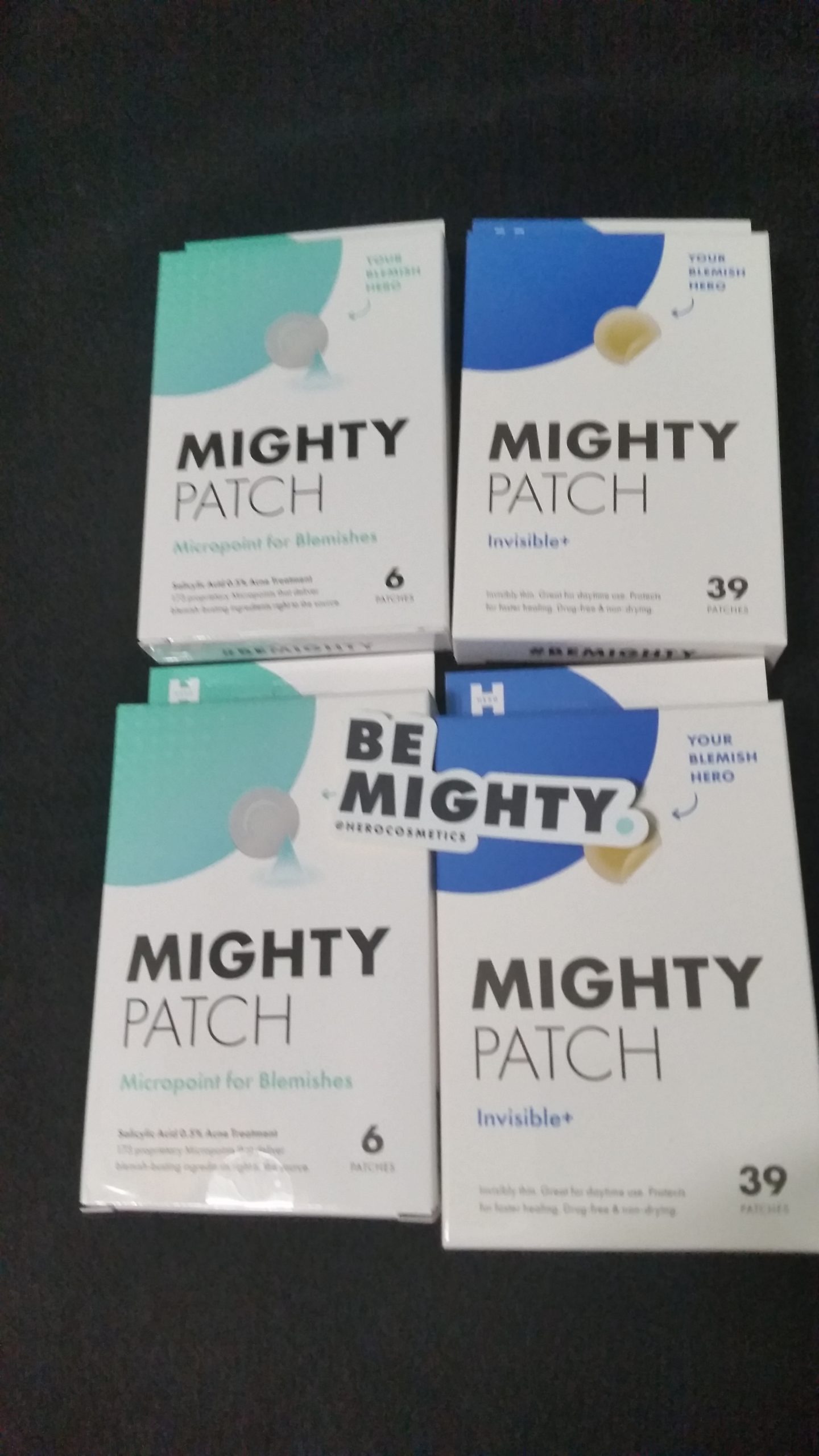 Be mighty sticker- 2 boxes of Mighty patch Invisible (blue corner box) - 2 boxes of Mircopoint Mighty Patch (mint cornered box)