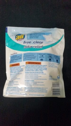 All Mighty Free Clear Stain lifers odor relief mighty pacs back of bag