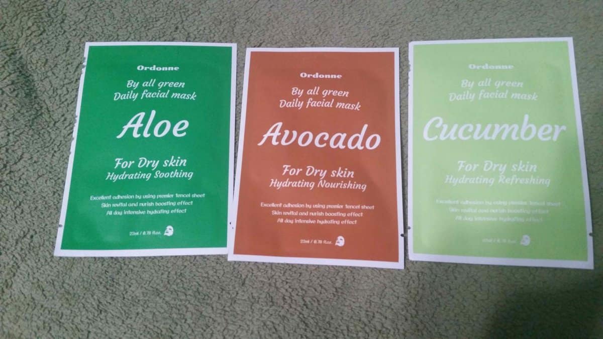 Ordonne dry skin mask 3 set aloe (left) avocado (center) Cucumber (left)