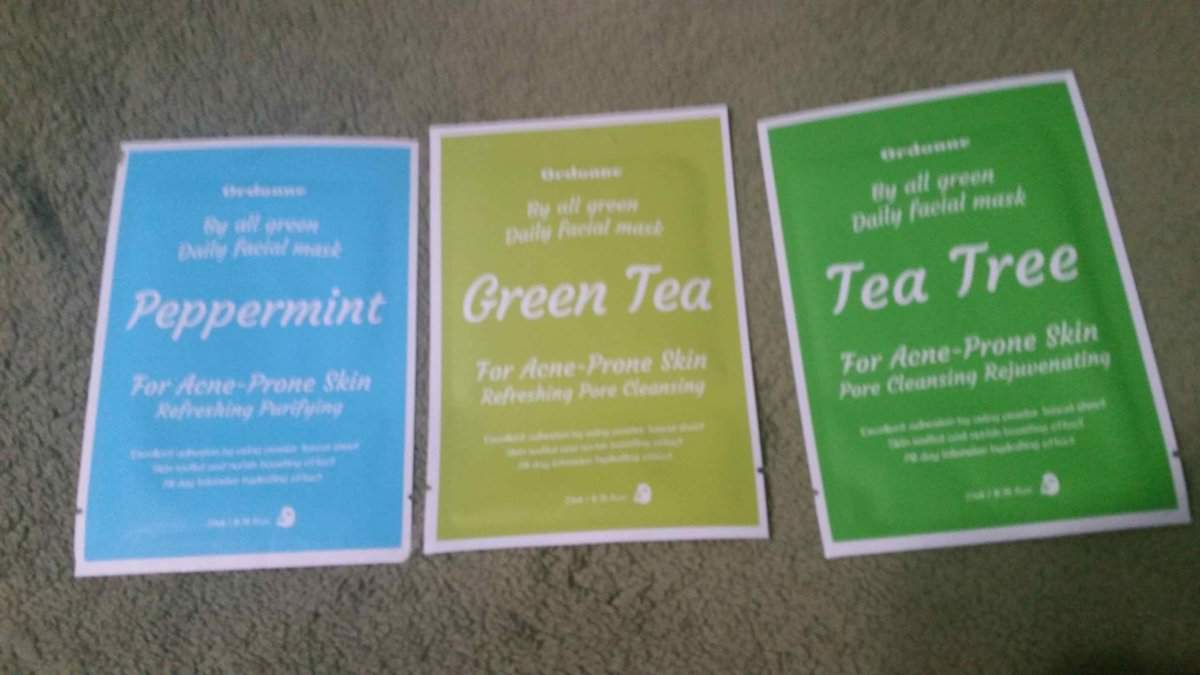 Ordonne acne-prone mask 3 set peppermint (left green tea (center) tea tree (right)