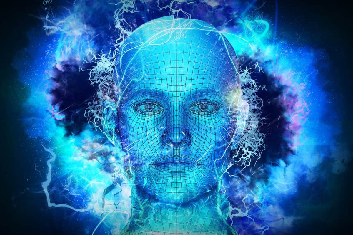 Futuristic image digital created face blue with energy fields behind it