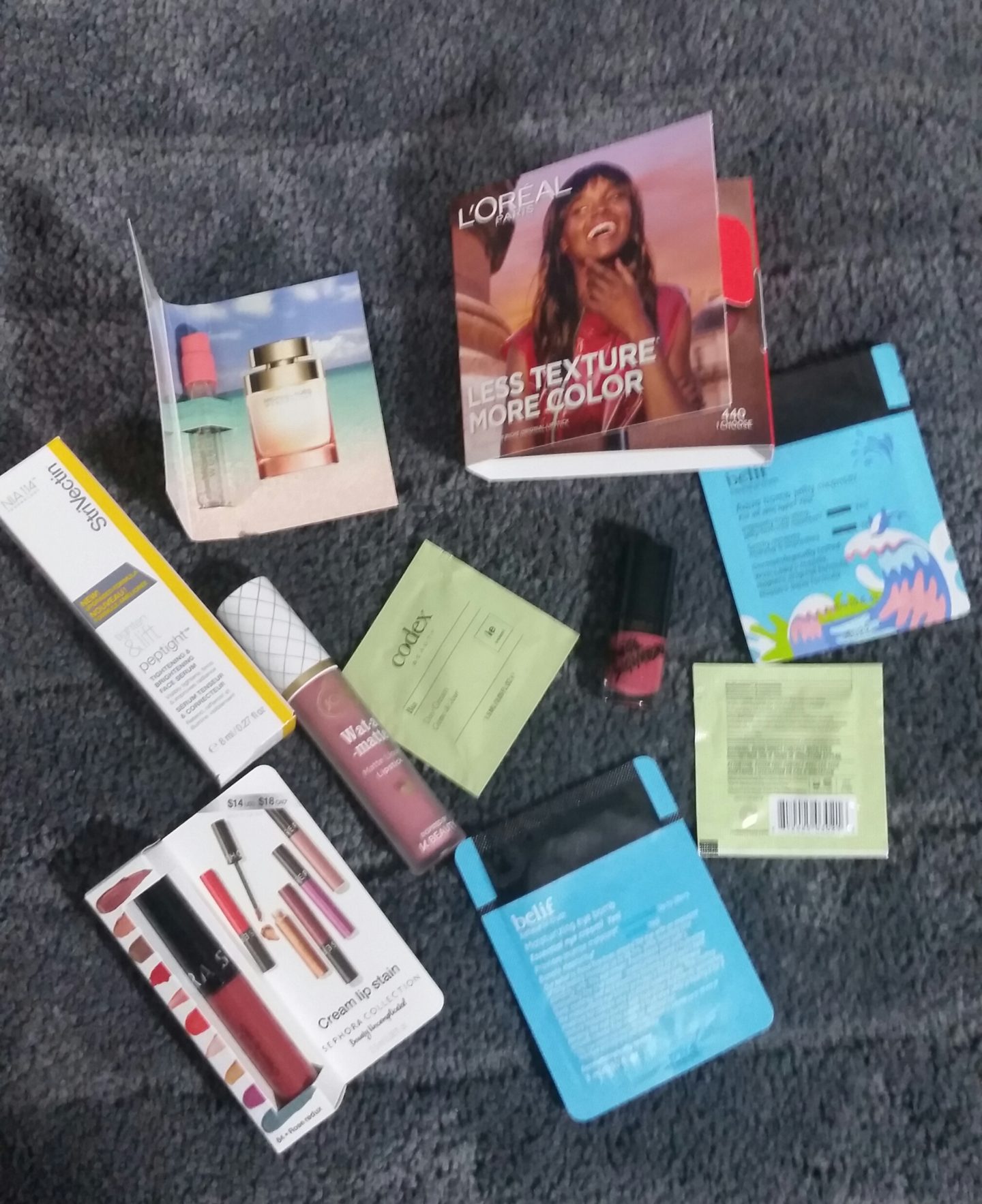 skincare, lipstick and perfume samples