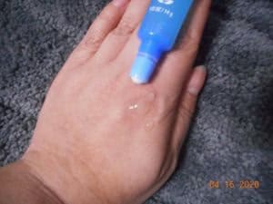 Ultra Hydrating Alkaline Water Eye Gel tube showing gel on my hand a larger amount