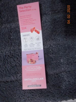 Smith & Sinclair eat your drink alcohol gummies info card bookmark style