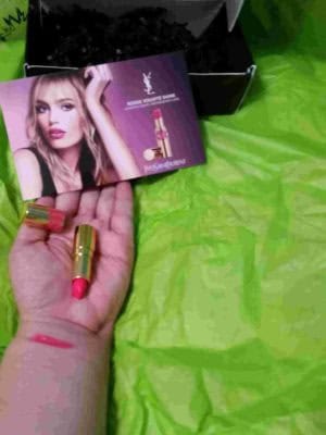 YSL rouge #49 sample with card swatch on my wrist