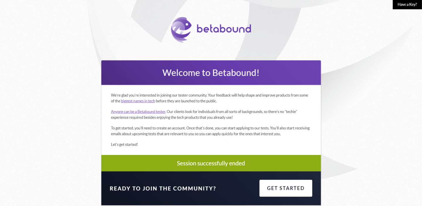 Betabound welcome screen