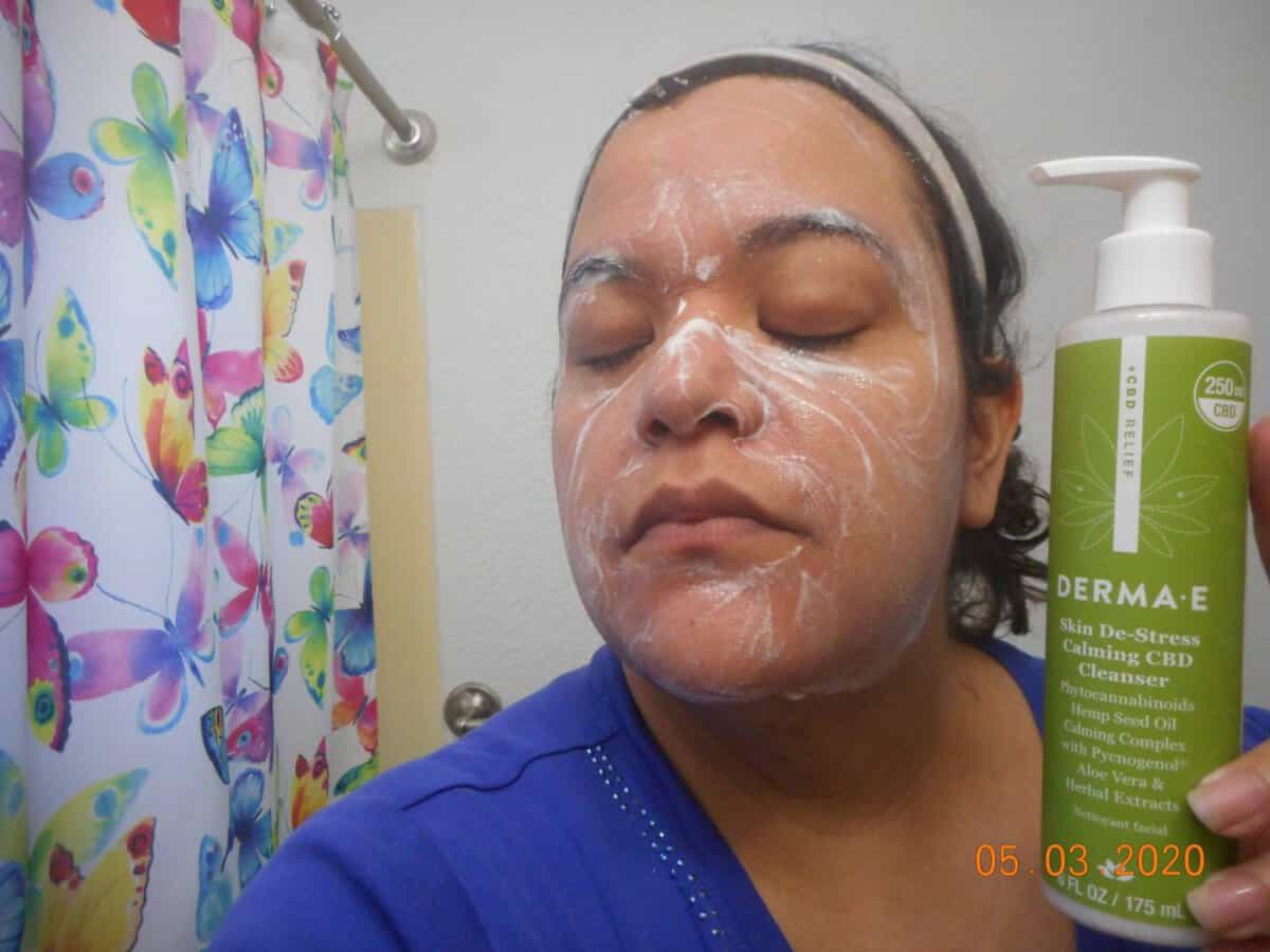 Derma-E Skin De-stress calming CBD Cleanser applied to the face