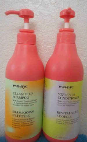 Clean It Up Shampoo & Soften Up Conditioner 33.8 oz bottles with pump tops shampoo on the left confectioner on the right