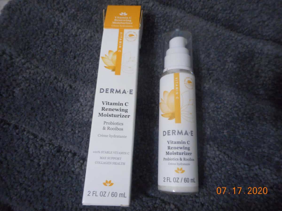 Derma-E Vitamin C renewing moisturizer box and product bottle.