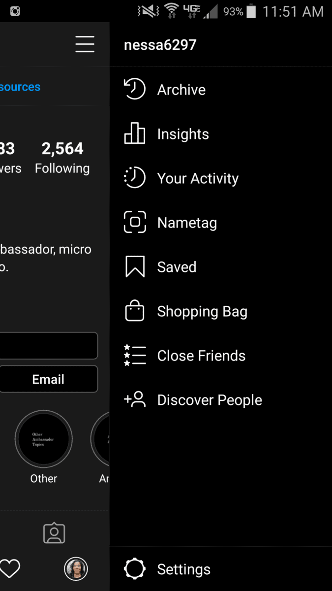 Instagram app menu options. archive, insights, your activity, nametag, saved, shopping bag, close friends, discover people. Settings at the bottom.