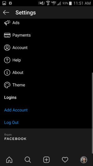 Instagram app settings list. AD, Payment, Account, Help, About Theme, logins, add account lot out.