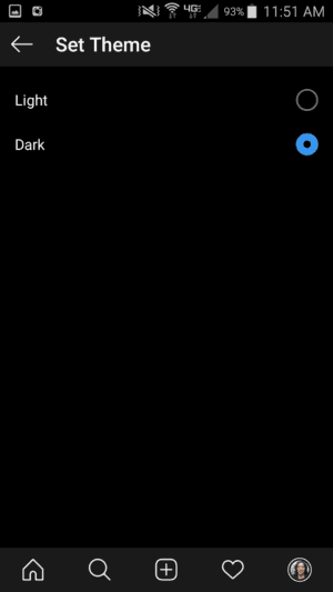 Instagram Theme setting light or dark. dark activated.