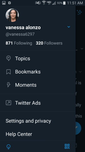 Twitter App menu. Topics, bookmarks, moments, Twitter ads, settings and privacy, help center.