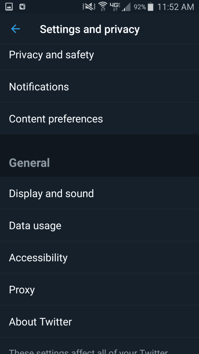 Twitter app settings and privacy page.