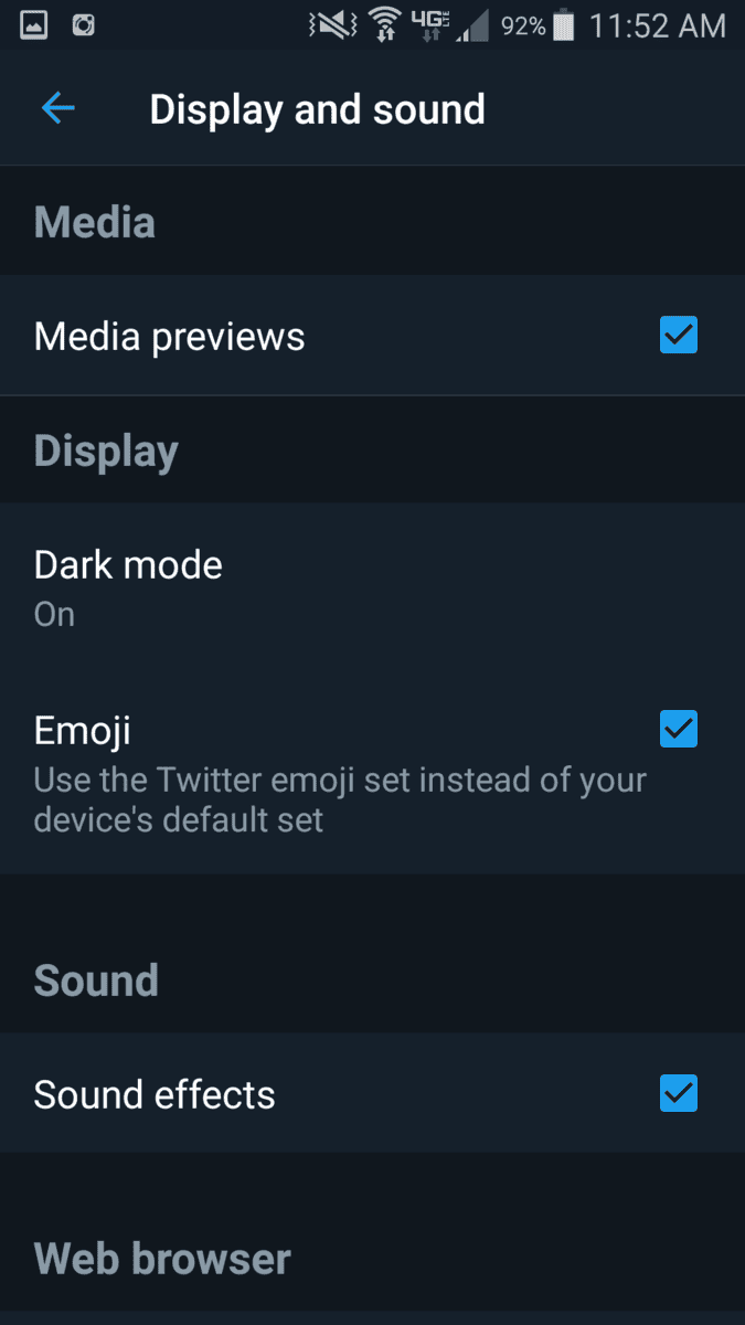 Twitter dark mode setting in app.