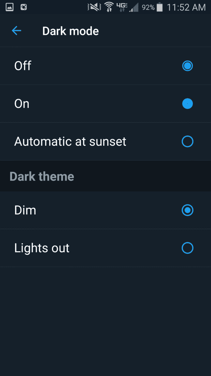 Twitter app dark mode options. off or on automatic at sunset. Dark Theme dim or lights out. dim activated.