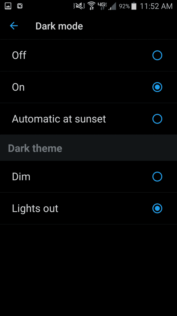 Twitter app Dark mode on. Dark Them lights out activated.