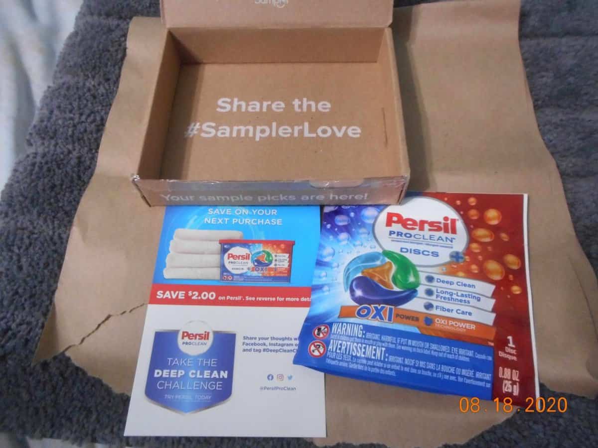 Persil dicss oxi sample with coupon and sampler box.