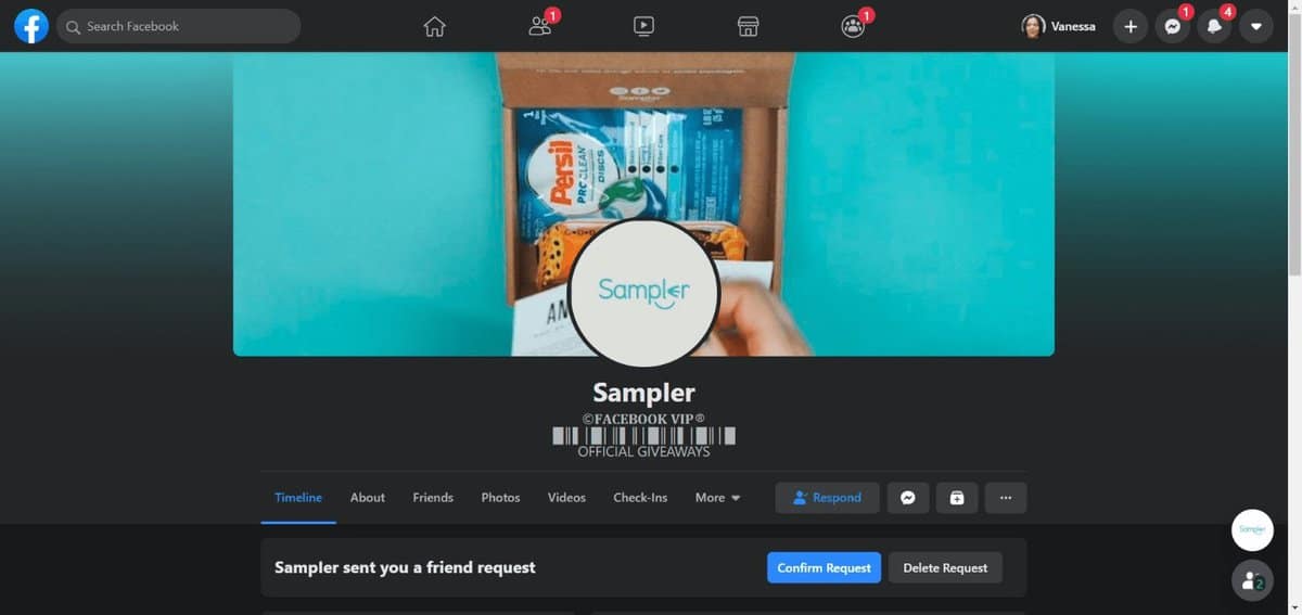 Fake Facebook page. Page uses Sampler logo.