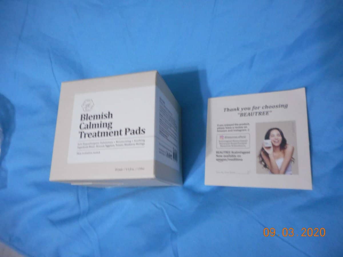 BEAUTREE Blemish Calming Treatment Pads box with info card.