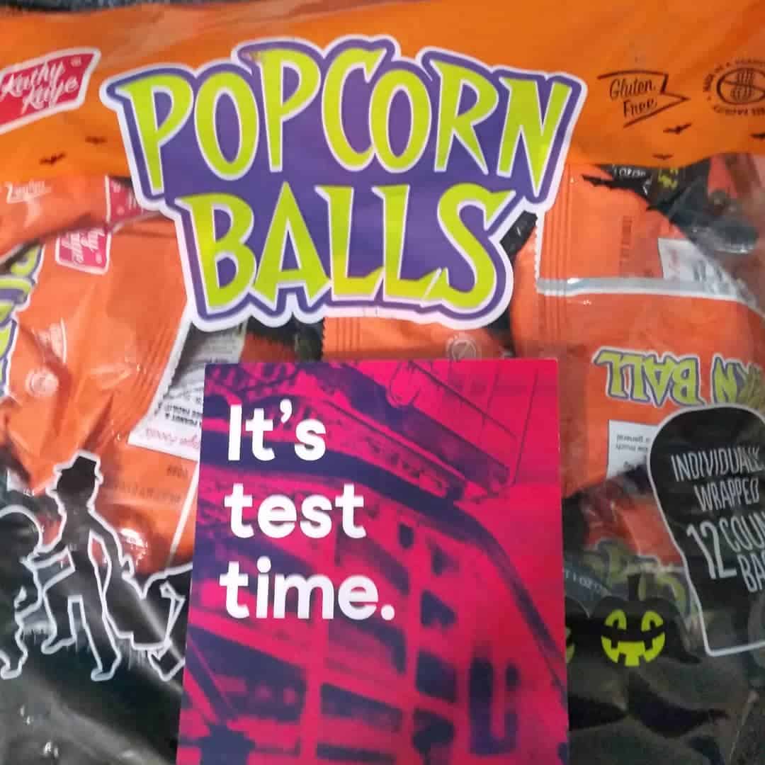 kathy kaye foods popcorn balls pack with Home Tester Club note card.