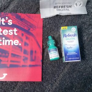 Home Tester Club card. Refresh digital eye drops bottle, box and info sheet.