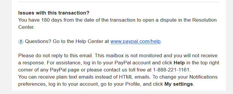 example of a transaction concerns comment from a PayPal receipt.