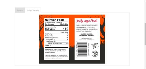 Kathy Kaye Foods Popcorn call ingredients and nutritional facts.