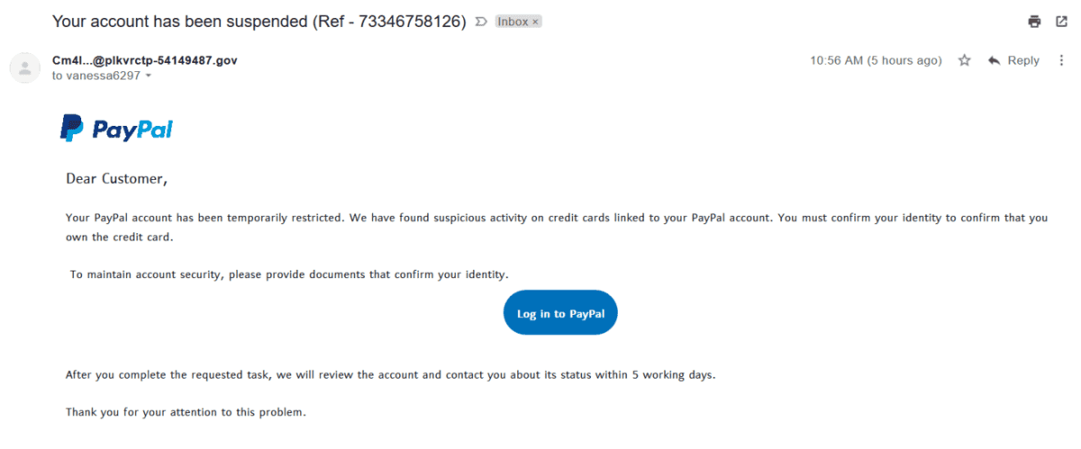 PayPal phishing email scam 10/2/2020