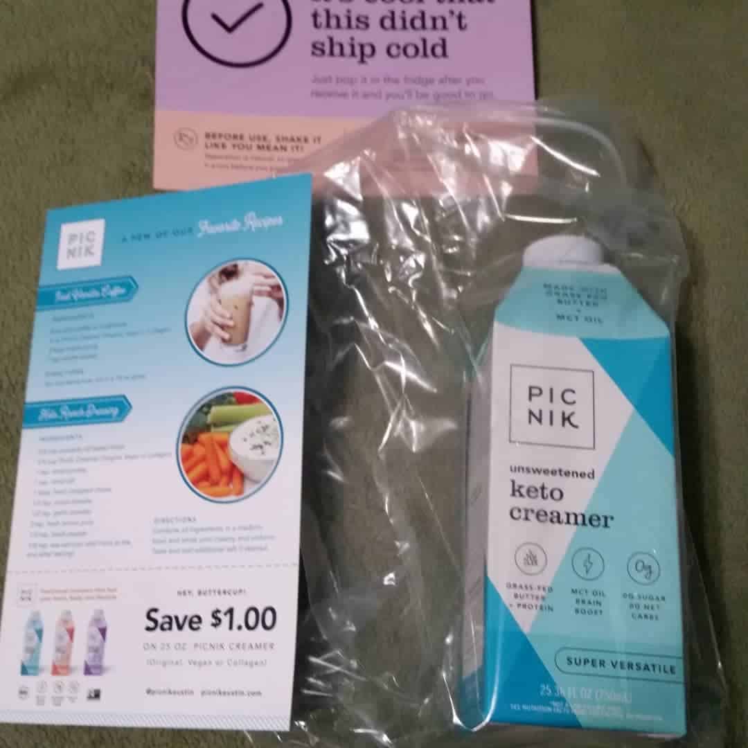 picnik keto creamer carton with coupon and info sheet.