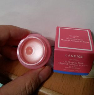 LANEIGE Lip Sleeping Mask ,Berry, Lip Treatment sample jar with lid removed. A small amount of product missing. Sample box next to jar.