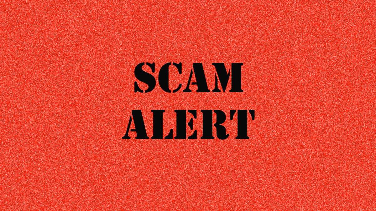 scam alert banner. black text with red background.