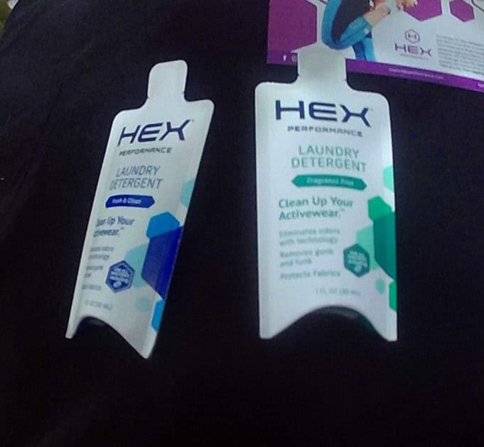 Hex Performance laundry detergent. Samples fragrance-free green label. Fresh and Clean blue label.
