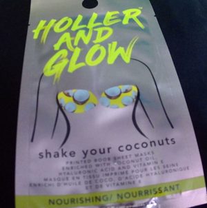 holler and glow shake your coconuts boob mask package.