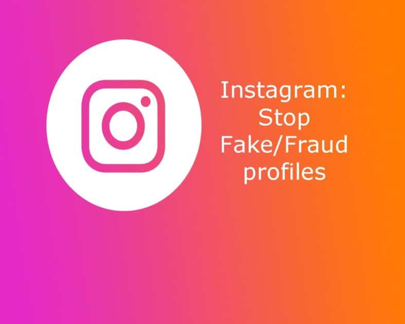 instagram icon with the text Instagram Stop Fake/fraud prfoiles next to it. on a pink and oragne background.