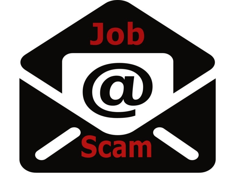 Job scam email banner. white background with email @ envelope in black with red Job Scam text.