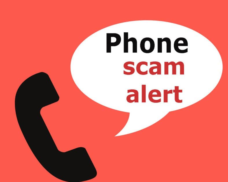 phone scam banner. phone scam alert banner. redish background with a black phone. Speech bubble with the text phone scam alert. text is in black and red.
