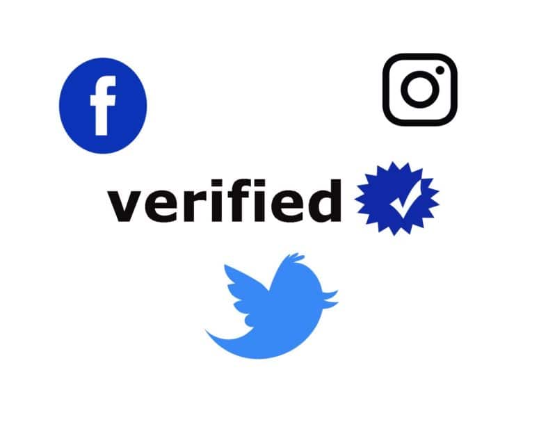 Social media Verified banner. Black verified text with a blue badge with a white check mark in it. Surrounded by a Instagram, Facebook, and twitter logos.